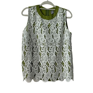 BAYO Olive Green And White Crochet Sleeveless Large Top